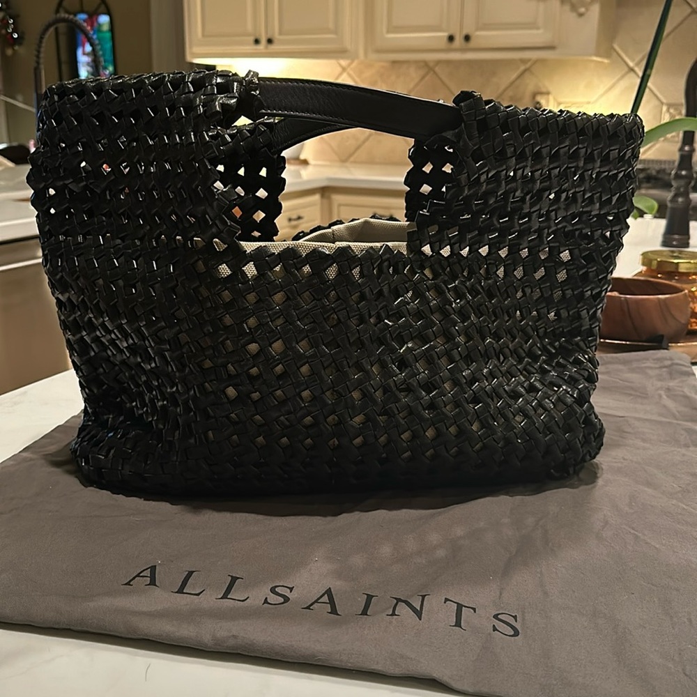 All Saints - Liyu black leather woven tote bag. 21” wide. 15” tall